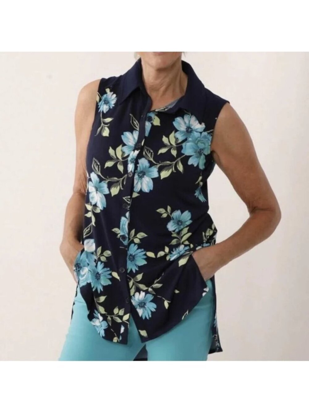 NEW Nina Leonard Navy Blue Floral Stretch Button Up Collared Tank Top - Large